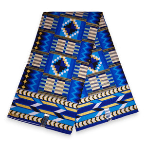 Tissu imprimé africain - Effets pailletés exclusifs 100% coton - KT-3126 Kente Or Bleu