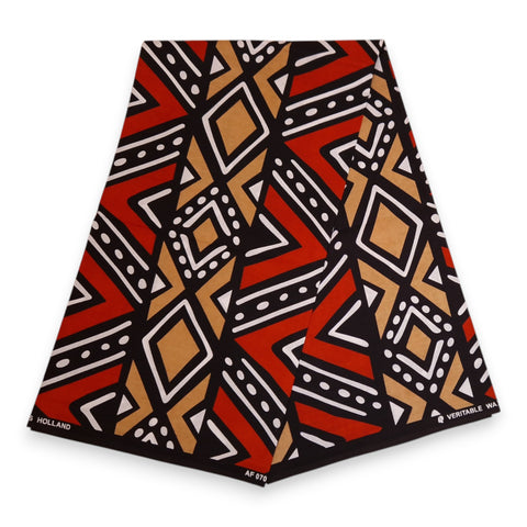 Tissu africain / tissu wax - Rouge et beige Bogolan - 100 % coton