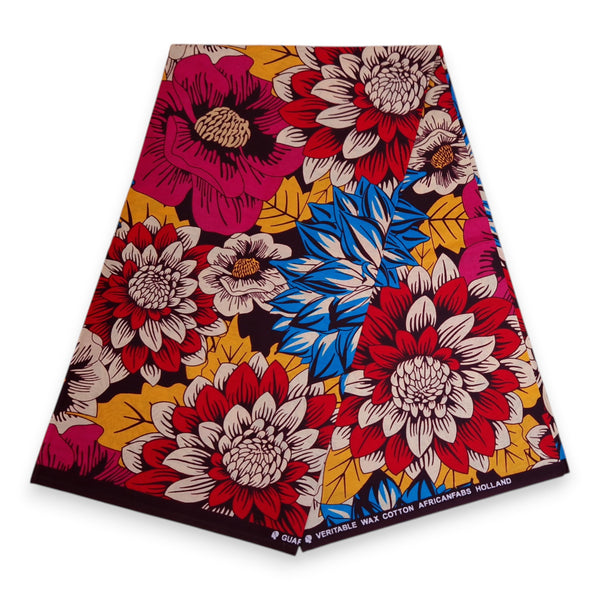 Foulard africain / Turban wax - Rouge & Bleu Flowers