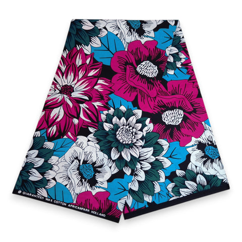 Tissu africain / tissu wax - Rose et turquoise foncé Flowers - 100 % coton