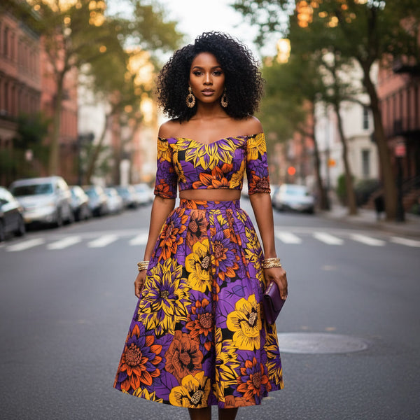 Tissu africain / tissu wax - Jaune et violet Flowers - 100 % coton