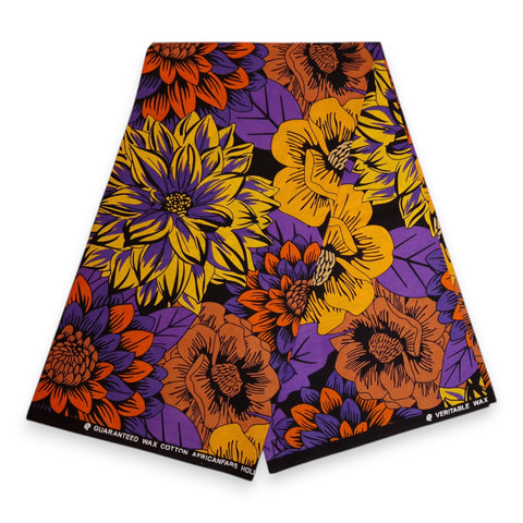 Tissu africain / tissu wax - Jaune et violet Flowers - 100 % coton