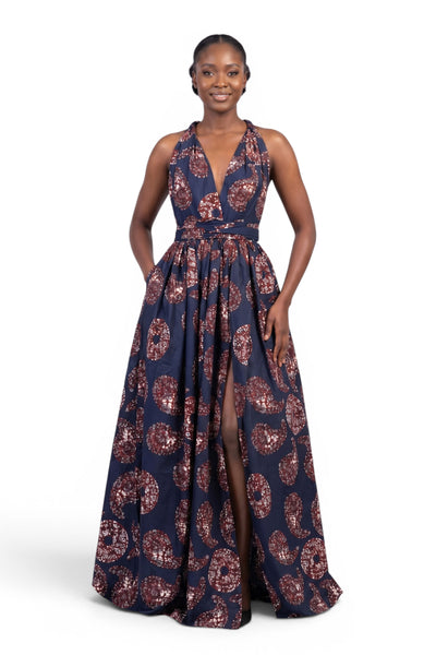 Tissu wax africain - Bleu Marron Navy Paisley Sun - 100% coton