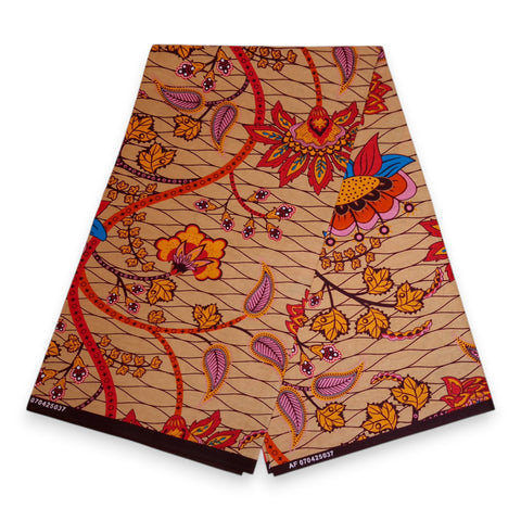 Tissu africain / tissu wax - Beige et orange Botanical Flow - 100 % coton