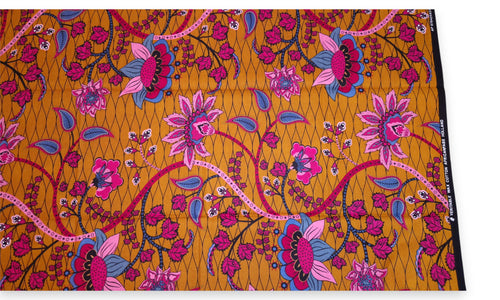 Tissu africain / tissu wax - Moutarde et rose Botanical Flow - 100 % coton