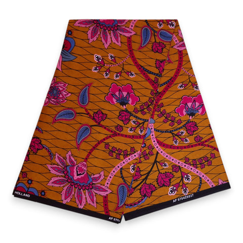 Tissu africain / tissu wax - Moutarde et rose Botanical Flow - 100 % coton