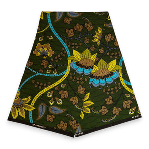 Tissu africain / tissu wax - Vert foncé et jaune Botanical Flow - 100 % coton
