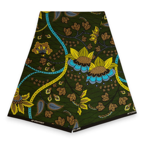 Tissu africain / tissu wax - Vert foncé et jaune Botanical Flow - 100 % coton