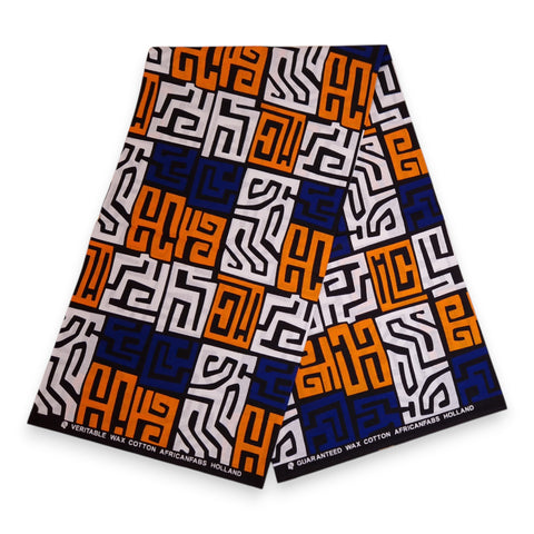 Tissu africain / tissu wax - Bleu et orange jaune Kuba Blocks Congo - 100 % coton