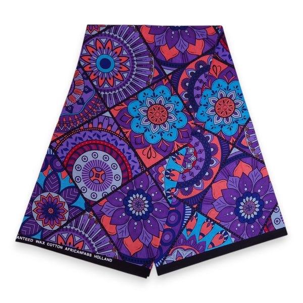 Tissu africain / tissu wax - Violet et bleu clair Mandala Patchwork - 100 % coton