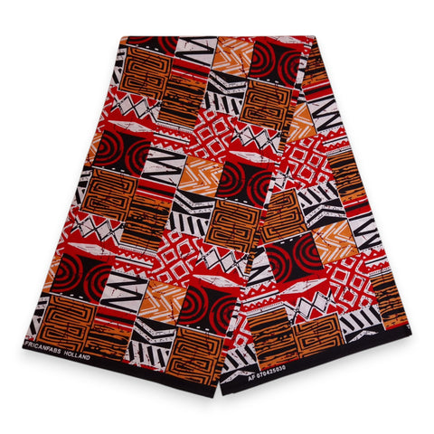 Tissu africain / tissu wax - Rouge Bogolan Mosaic - 100 % coton
