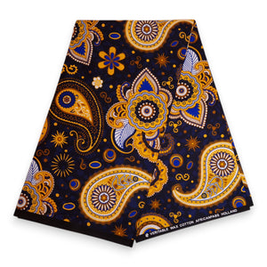 Tissu africain / tissu wax - Bleu marine Jaune Paisley - 100 % coton