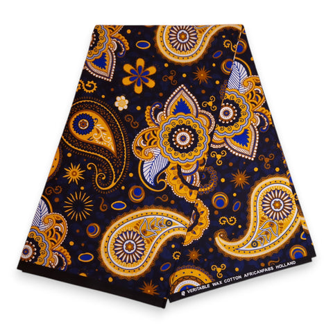 Tissu africain / tissu wax - Bleu marine Jaune Paisley - 100 % coton