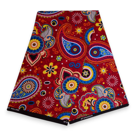 Tissu africain / tissu wax - Rouge Bleu Paisley - 100 % coton