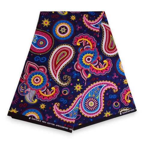 Tissu africain / tissu wax - Bleu Rose Paisley - 100 % coton
