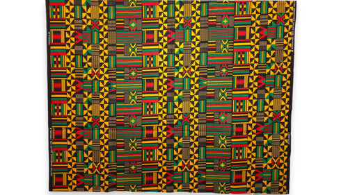 Tissu wax africain - Noir Vert Kente Print Ghana - 100% coton