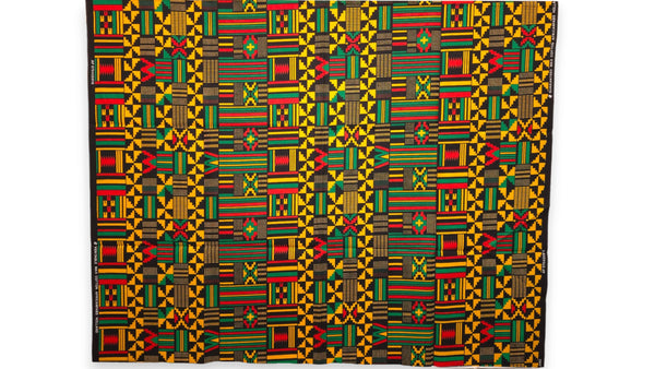 Tissu wax africain - Noir Vert Kente Print Ghana - 100% coton