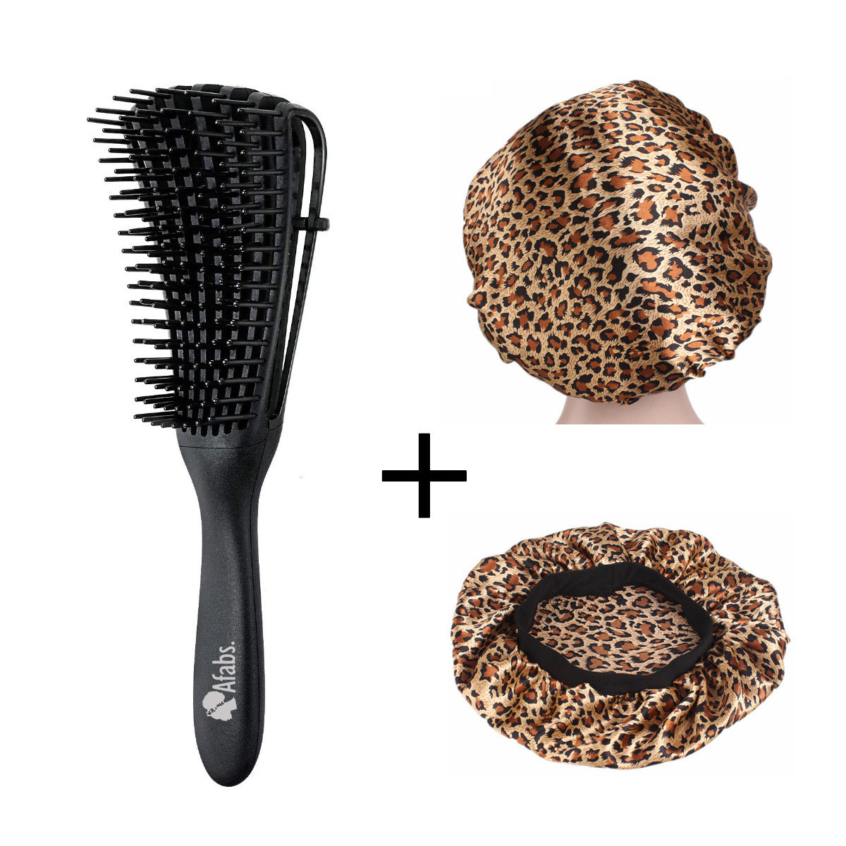 Brosse démêlante noire + Bonnet en satin imprimé léopard | Peigne pour boucles | Brosse pour cheveux afro