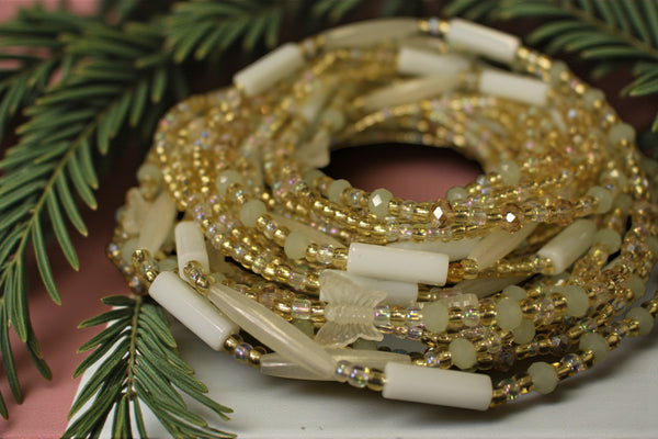 Waist Beads / Chaine de taille africaine - ISIUWA - Blanc - Brillant dans le noir (élastique)