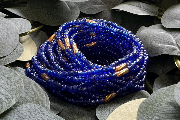 Waist Beads / Chaine de taille africaine - EHANA - Bleu / or (élastique)