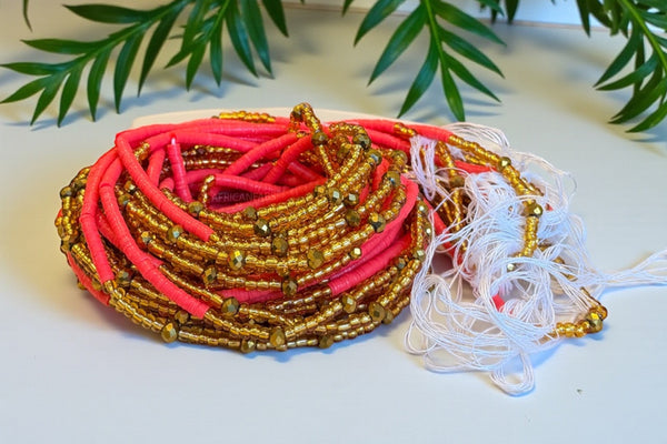 Baya Bijoux / Bine Bine / Waist Beads / Perles De Taille africaine - Osatome - Corail rose-rouge avec or (non élastique)