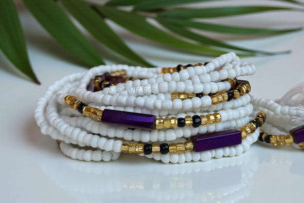 Baya Bijoux / Bine Bine / Waist Beads / Perles De Taille africaine - Gheghe - Blanc / violet (non élastique)