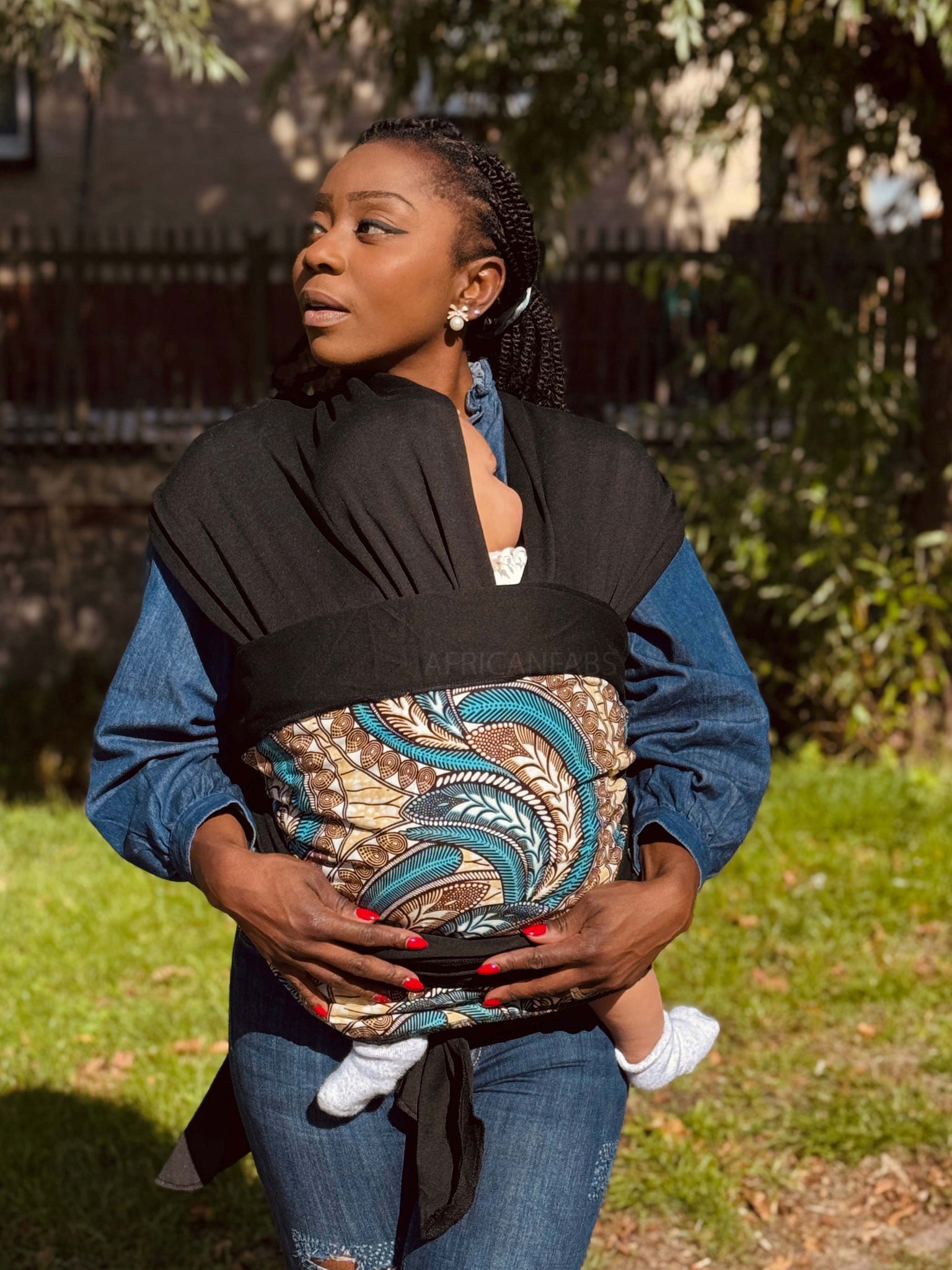 Porte-bébé / écharpe de portage imprimé africain - Beige Bleu Feather