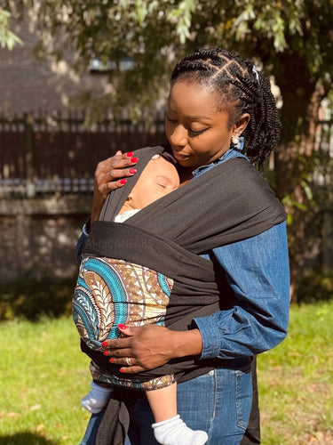 Porte-bébé / écharpe de portage imprimé africain - Beige Bleu Feather