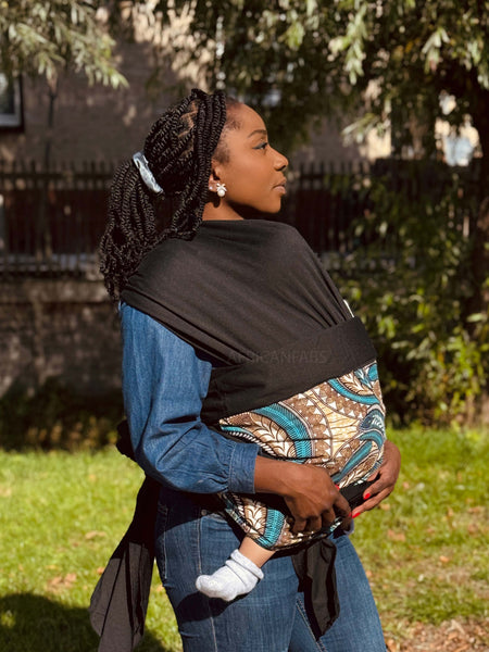 Porte-bébé / écharpe de portage imprimé africain - Beige Bleu Feather