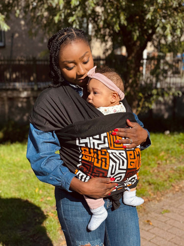 Porte-bébé / écharpe de portage imprimé africain - Bordeaux & Jaune-orange Blocs Kuba Congo