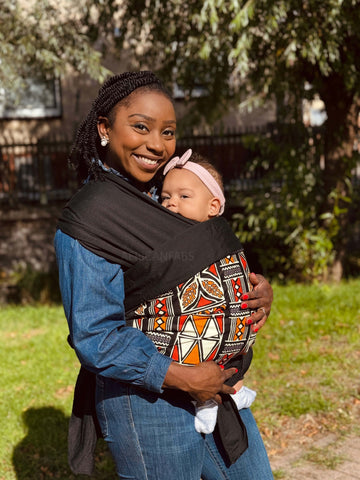 Porte-bébé / écharpe de portage imprimé africain - Rouge & Orange Symboles Bogolan