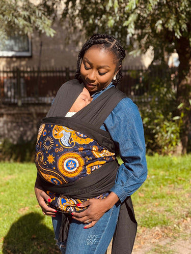 Porte-bébé / écharpe de portage imprimé africain - Bleu marine Jaune Paisley