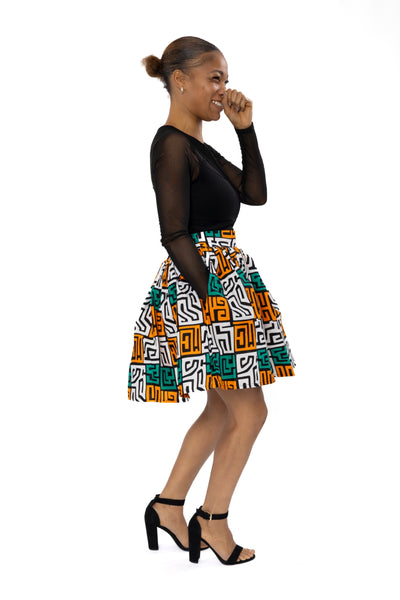 African print mini skirt - Teal Yellow Kuba Blocks Congo