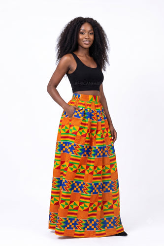 Jupe longue africaine imprimée - Fente réglable - Bleu Orange Kente