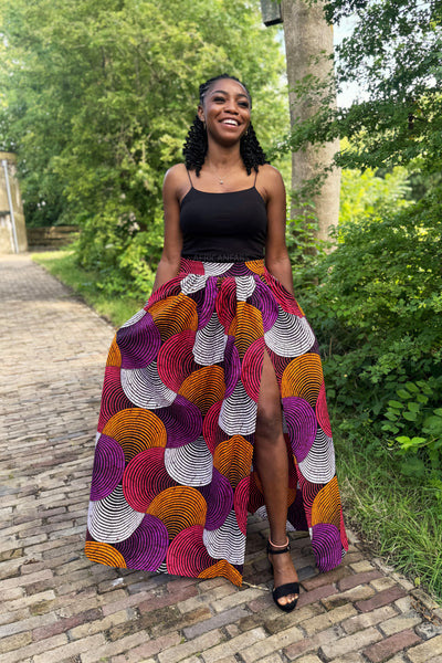 Jupe longue à imprimé africain - Orange & Violet Concentric Circle Design