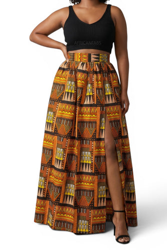 Jupe longue africaine imprimée - Fente réglable - Orange Marron Tribal Blocks