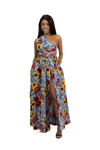 Robe longue multiway Infinity à imprimé africain Jaune Flowers