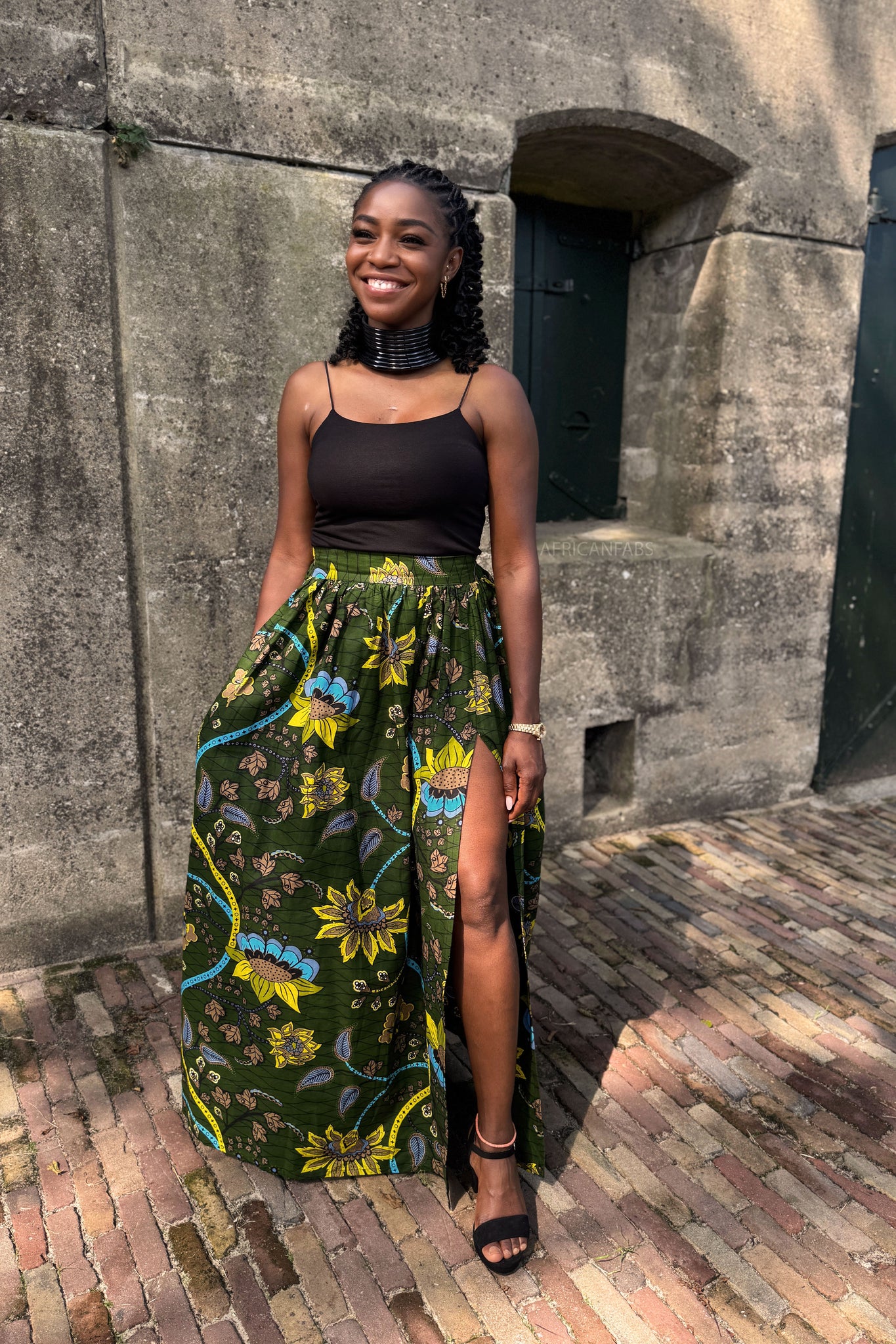 Jupe longue à imprimé africain - Vert foncé & Jaune Botanical Flow