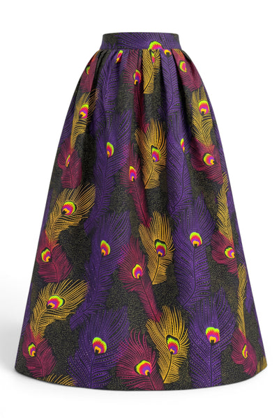 Jupe longue africaine imprimée - Fente réglable - Violet Jaune Peacock Feathers