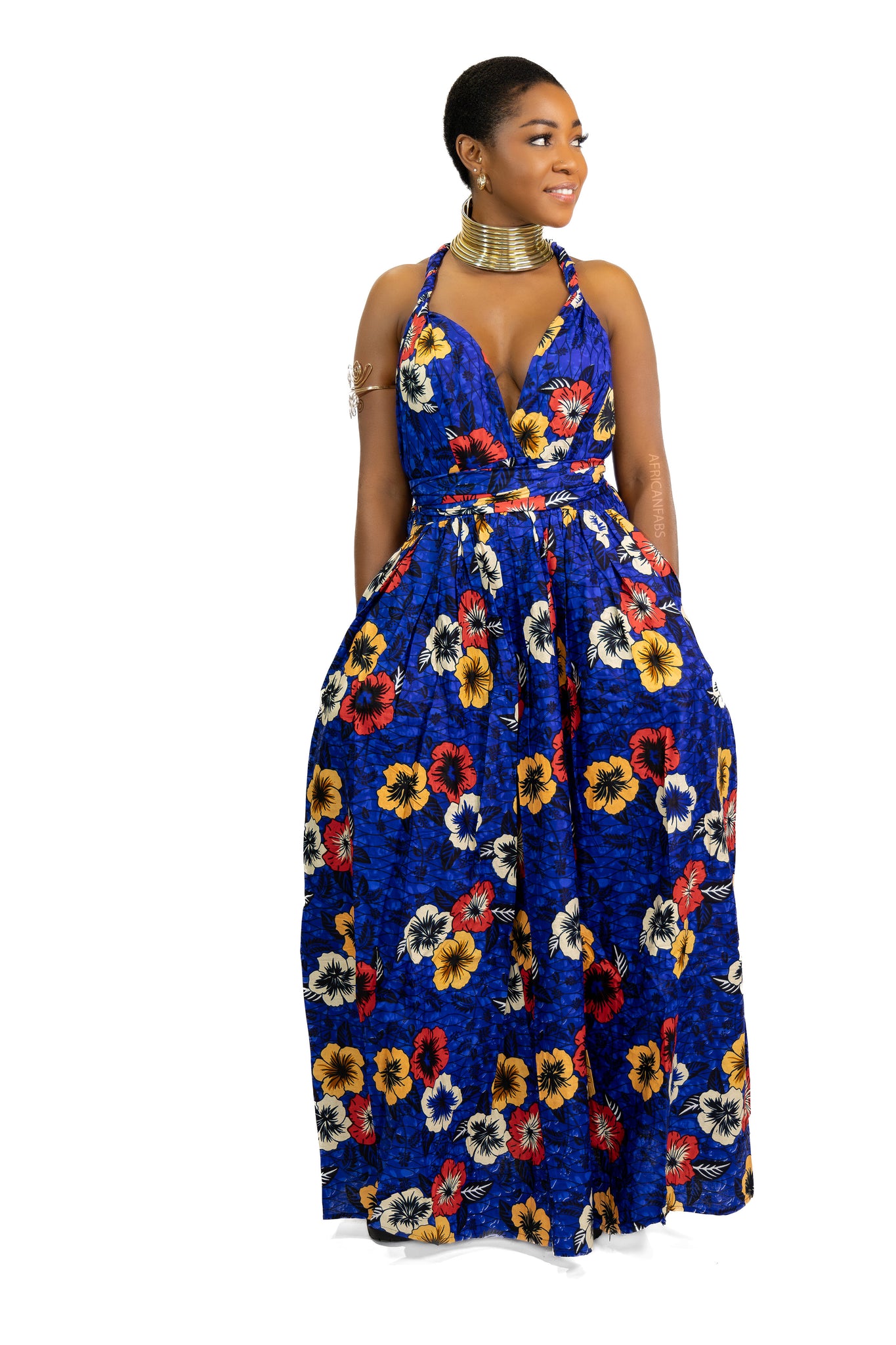 Robe longue multiway Infinity à imprimé africain Bleu Flowers