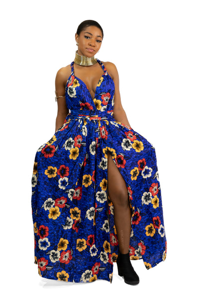 Robe longue multiway Infinity à imprimé africain Bleu Flowers