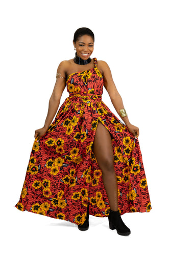 Robe longue multiway Infinity à imprimé africain Rouge Flowers