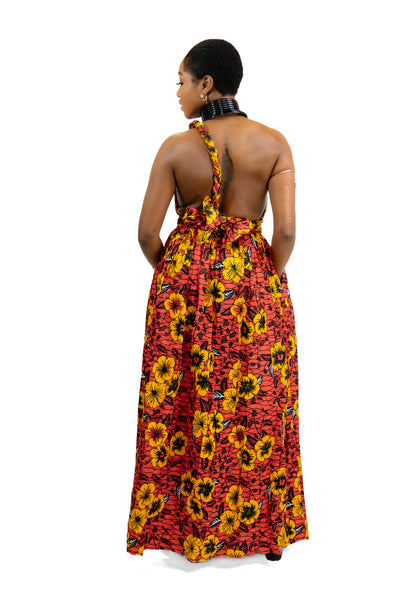 Robe longue multiway Infinity à imprimé africain Rouge Flowers