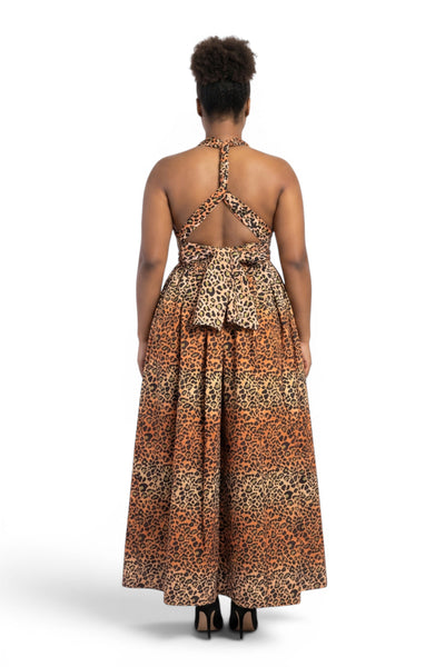 Robe longue africaine Infinity Multiway - Fente réglable - Orange Beige Leopard Queen