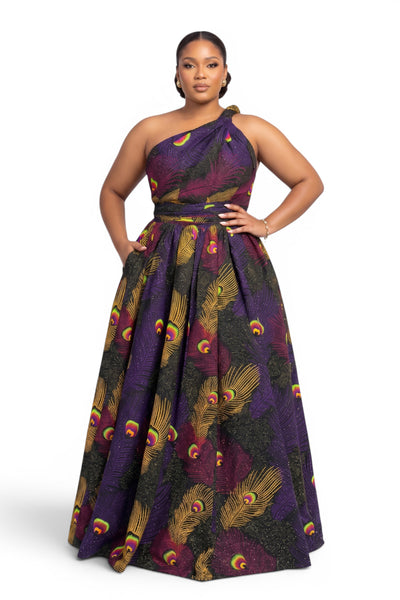 Robe longue africaine Infinity Multiway - Fente réglable - Violet Jaune Royal Peacock