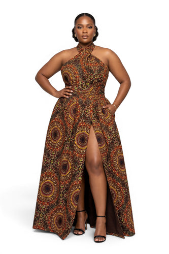 Robe longue africaine Infinity Multiway - Fente réglable - Marron Savanna Sun
