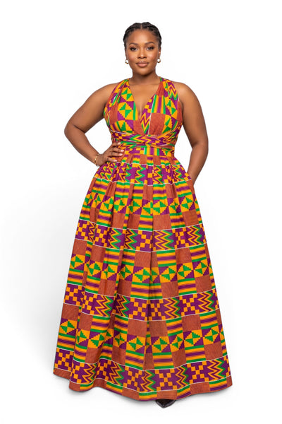 Robe longue africaine Infinity Multiway - Fente réglable - Violet Vert Kente Royale