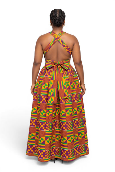 Robe longue africaine Infinity Multiway - Fente réglable - Violet Vert Kente Royale
