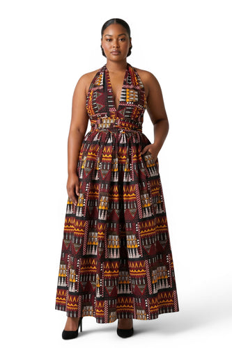 Robe longue africaine Infinity Multiway - Fente réglable - Marron Orange Earth Heritage