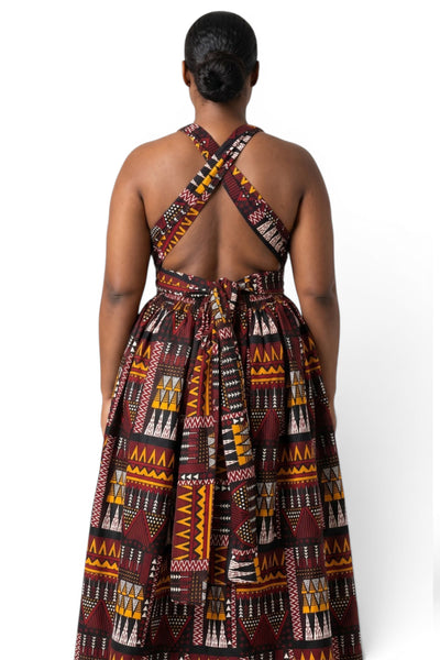Robe longue africaine Infinity Multiway - Fente réglable - Marron Orange Earth Heritage